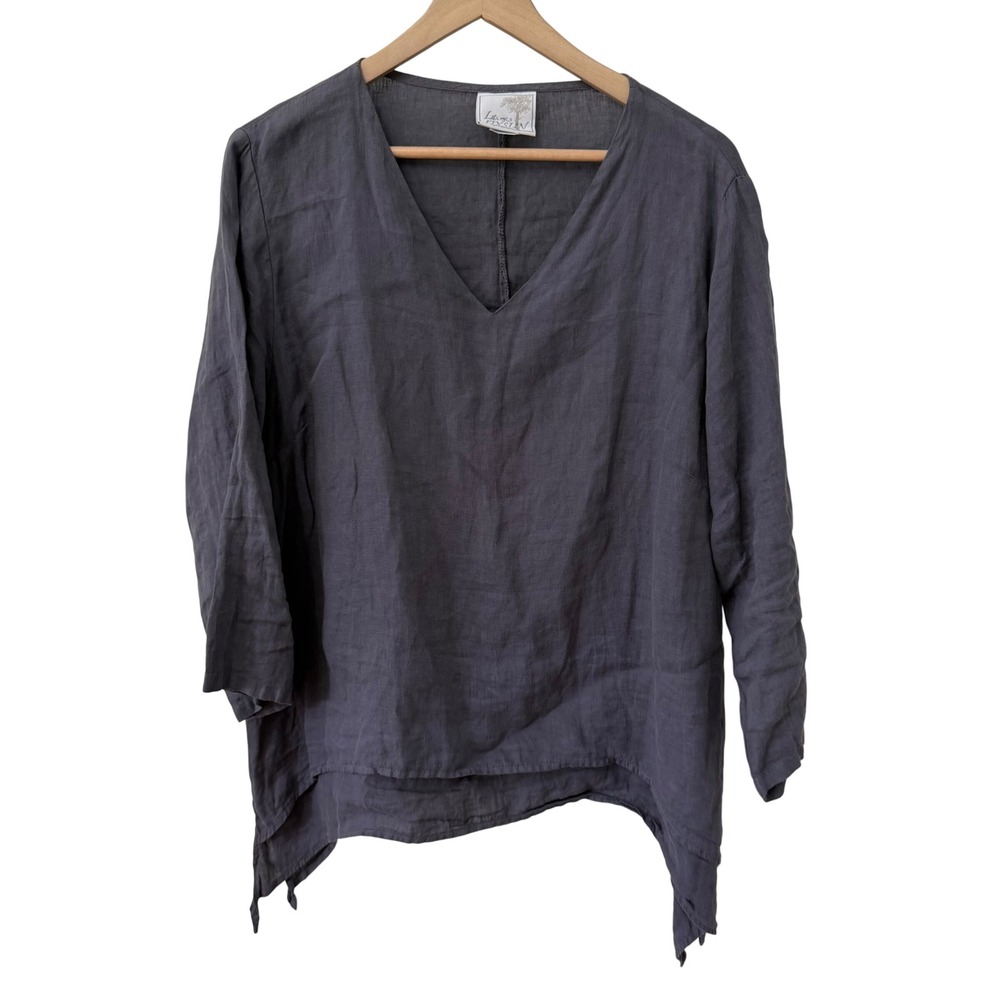 La Fixsun Tunic Top Size M Charcoal Grey 100% Linen Lagenlook V-Neck USA Made